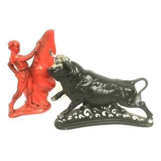 Vtg Atlantic Ceramic Mold Large Set Of Charging Bull & Matador Figurine Red Blk