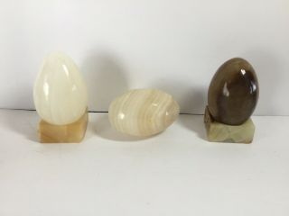 3 Large Onyx Marble Eggs 6” Round Brown,  White And Tan Colors 3” Tall 2 Stands