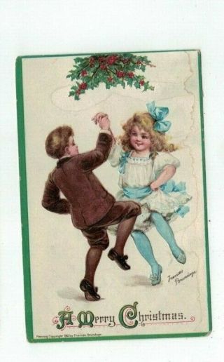 Antique 1912 Brundage Artist Signed Christmas Post Card Dancing Victorian Kids