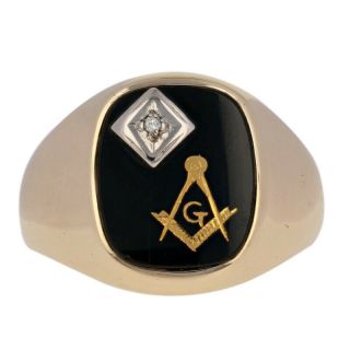 Blue Lodge Master Mason Ring - 10k Gold Onyx & Diamond Masonic Men 