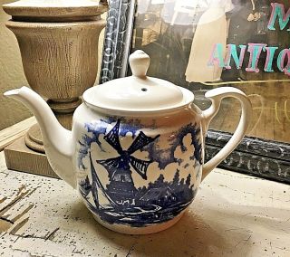Blue/white Teapot 4 Cup From Japan Windmill Design By Nanco 1950 