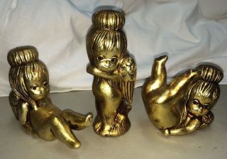 Very Rare Dickson Shiny Gold Cherub Angel Set Of 3 Ceramic Japan Cute