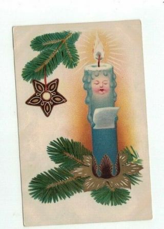 Antique Anthromorphic Christmas Post Card Singing Face In Lighted Candle