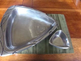 Lenox Pewter Silver Triangle Serving Platter Plate Dish Chip And Dip Bowl Set