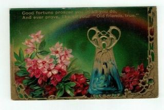 Antique 1910 Embossed Greetings Post Card Gold Foil Red Pink Flowers Tall Vase