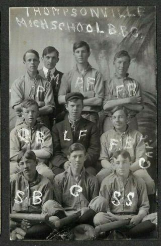 Thompsonville Michigan,  High School Baseball Team,  1910 Era Rppc Postcard