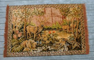 Vintage Textile Tapestry Deer Doe Elk Scene Hand Woven Throw Rug 72 " X 48 "