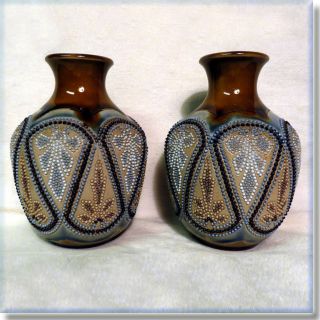 Doulton Lambeth Beaded Vases By Eliza Simmance,  Iza Munday,  Alice Barker
