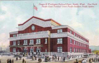 Union Pacific Southern Pacific Railroad Depot Seattle Washington Postcard 1910 