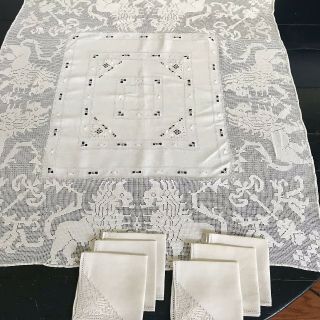 Vintage Linen Tablecloth & 6 Napkins Figural Reticella Lace - Dragons & Lions