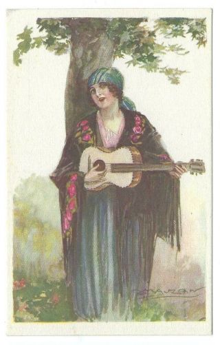 Artist Signed Mauzan Art Deco Woman With Guitar Postcard Vtg