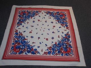 Vintage Red White & Blue Cotton Tablecloth W Pretty Tulip Flowers 48 " X 50 "
