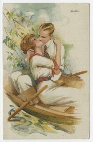 Artist Signed Suzanne Meunier Art Nouveau Couple Kissing On Skiff Postcard Vtg
