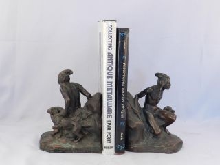 Antique Jenning Brothers Native American Indian & Dog Bookends Signed Jb 1524