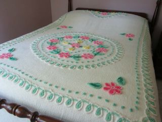 Vintage Chenille Bedspread Floral Design 93 By 99
