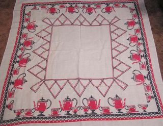 Vintage Tablecloth With Red Black Coffeepots Cups & Saucers And Abstracts 1940s