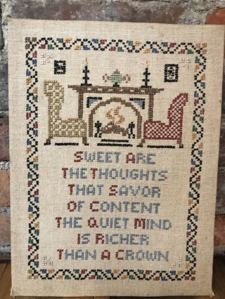 Antique Colonial Sampler 30s Cross Stitch Pure Linen ' Sweet are the Thoughts ' D1 4