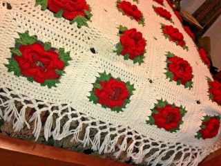 Handmade Raised Roses Granny Square Crochet Afghan Blanket 75 " X 95 " Est