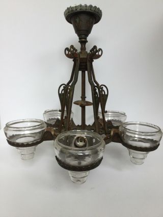 1930s 5 Light Art Deco Ceiling / Flush Mount Chandelier With Glass Inserts