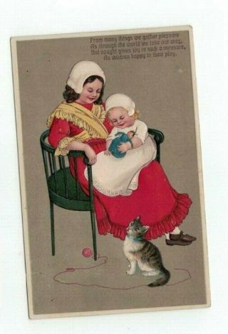 Antique 1909 Embossed Finkenrath Post Card Little Girls Play With Kitten Cat