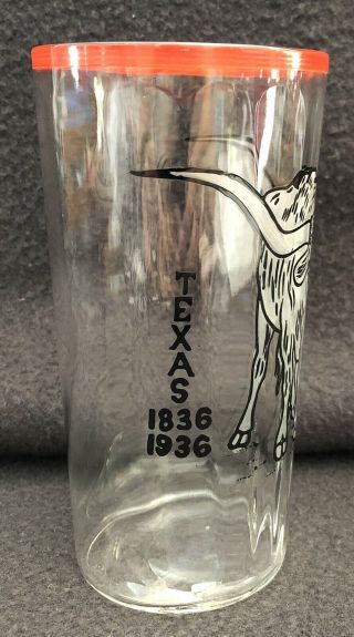 Texas Centennial 1836 - 1936 Souvenir Glass Longhorn Red Rim 5 3/8 2