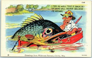 Vintage Crivitz,  Wisconsin Linen Postcard Ray Walters Curteich Fish Comics C - 90