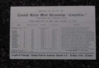 Cunard Line RMS Carpathia 1914 Journey Log Vintage Non Postcard Back JF235070 2
