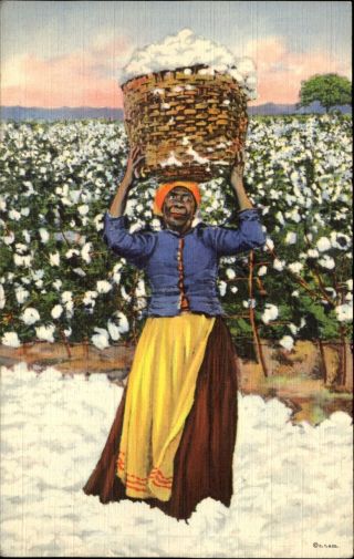 Slave Woman Carrying Basket Of Cotton Bolls On Head Black Americana 1930s