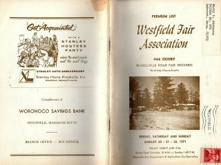 Westfield Massachusetts 1971 Fair Premium List Livestock Agriculture Handicrafts