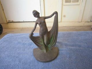 Antique Cast Iron Art Deco Doorstop Nude Woman Scarf Dancer
