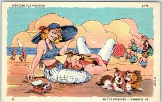 Vintage 1940s Curteich Linen Postcard Beach Vacation Honeymoon Comics C - 174