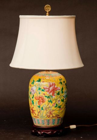 Vintage Chinese Famille Rose Ceramic Hand Painted Yellow Floral Table Lamp