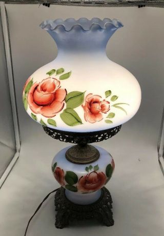 Vintage Gone With The Wind Hurricane Lamp Blue Hand Painted Pink Floral Roses