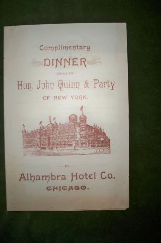 1892 Hon John Quinn & Party Ny Dem Convention Dinner Brochure/menu