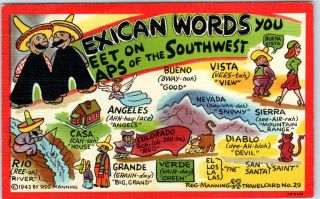 1943 Reg Manning Artist - Signed Postcard Mexican Words On Maps Travel Card 29