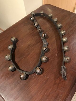 Authentic Antique Leather Strap Of 21 Sleigh Bells