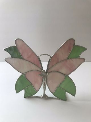 Vintage Pewter Fairy Leaded Stained Glass Wings Pink /green Glass 8” H X 9.  5” W