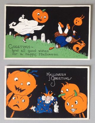 Vintage Gibson Halloween Postcards (2) Black Night Skies,  Vivid Jack - O - Lanterns