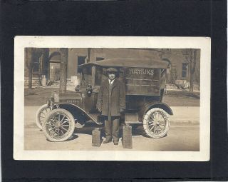 Connersville,  In: Rppc: 1918: Watkins Delivery Truck With Man A 2 Suitcases.
