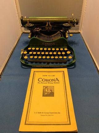 L C Smith & Corona 1927 Green Model 3 Folding Typewriter With Booklet