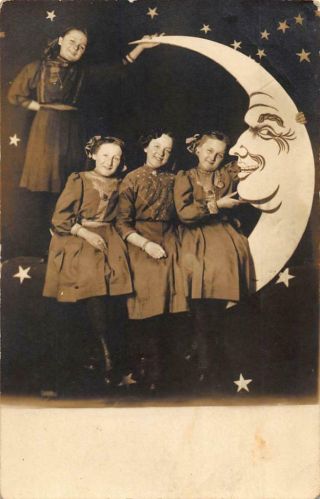 Twins C1915 Rppc 4 Young Girls & Smiling /sly Paper Moon Stars Studio Prop Photo