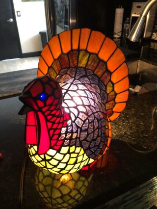 Large Tiffany Style Colorful Stained Glass Turkey Lamp Illuminated Light