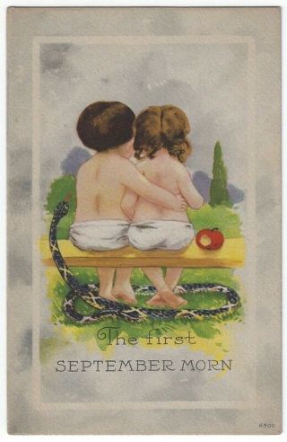 Vintage Greetings Pc,  The First September Morn,  Young Couple On A Bench,  Snake
