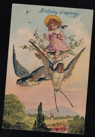 Antique Vintage Postcard Birthday Greetings Girl With Birds On Leash