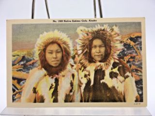Linen Postcard Native Eskimo Girls,  Alaska Unposted