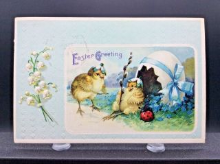 Postcard Easter Greeting International Art Two Chicks Egg Shell House Lady Bug