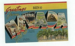 Nv Reno Nevada Antique Linen Post Card Big Letters " Greetings From.  "