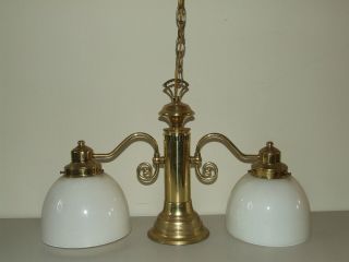 Vintage Hanging Brass Ceiling Lamp Fixure With Milk Glass Shades 3 Lamp Fixture