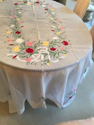 Vintage Embroidered Organza Tablecloth 104 " X 65 " - Exquisite