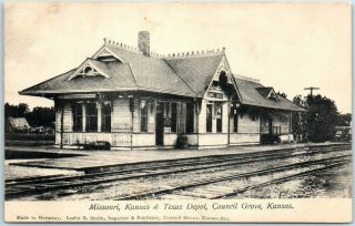 1910s Council Grove,  Ks Postcard " Missouri,  Kansas & Texas Depot " Katy Railroad